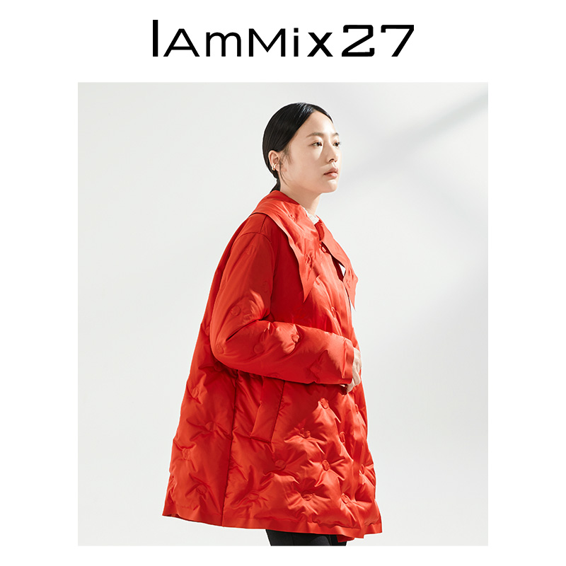 IAmMIX27秋冬轻薄羽绒服女宽松中长款休闲复古娃娃领白鸭绒外套女-图0