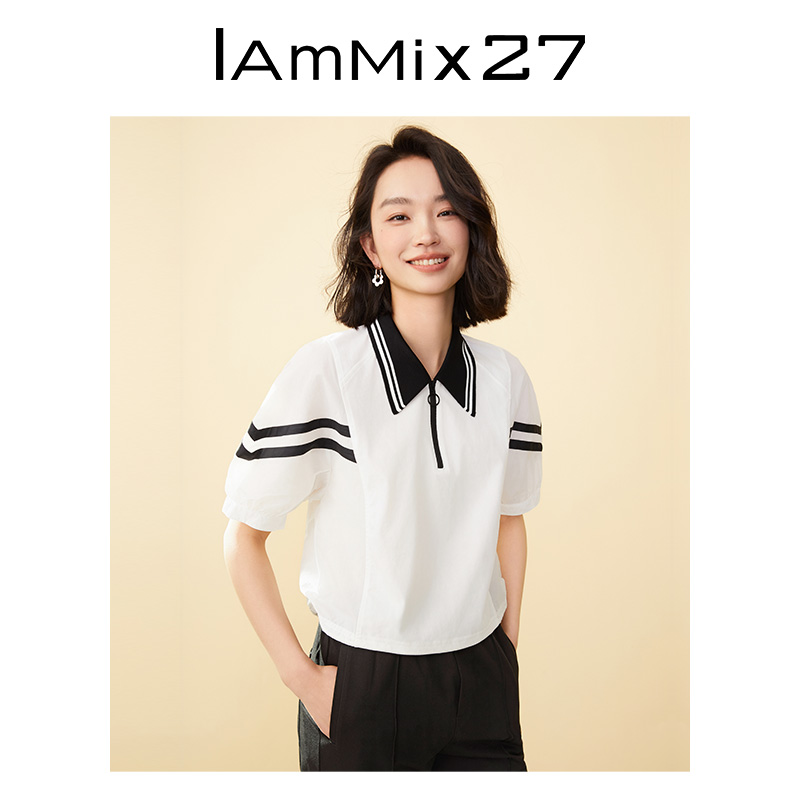 IAmMIX27夏季套头上衣女短款宽松休闲条纹拼接polo领针织衫女短袖 - 图1