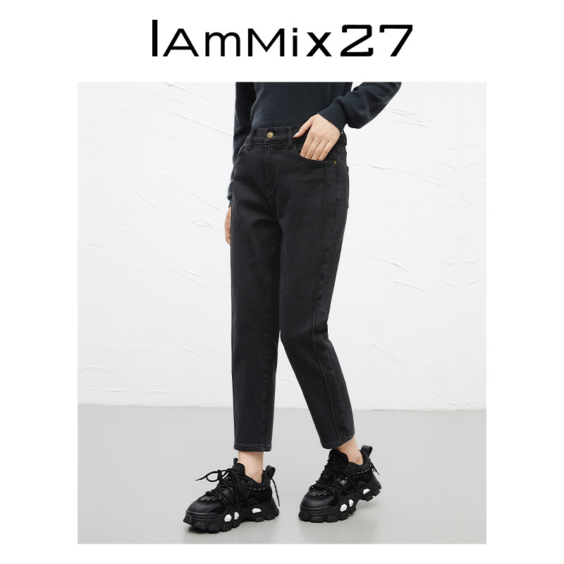 IAmMIX27黑色直筒牛仔裤女秋冬加厚拉绒休闲百搭高腰显瘦烟管裤女