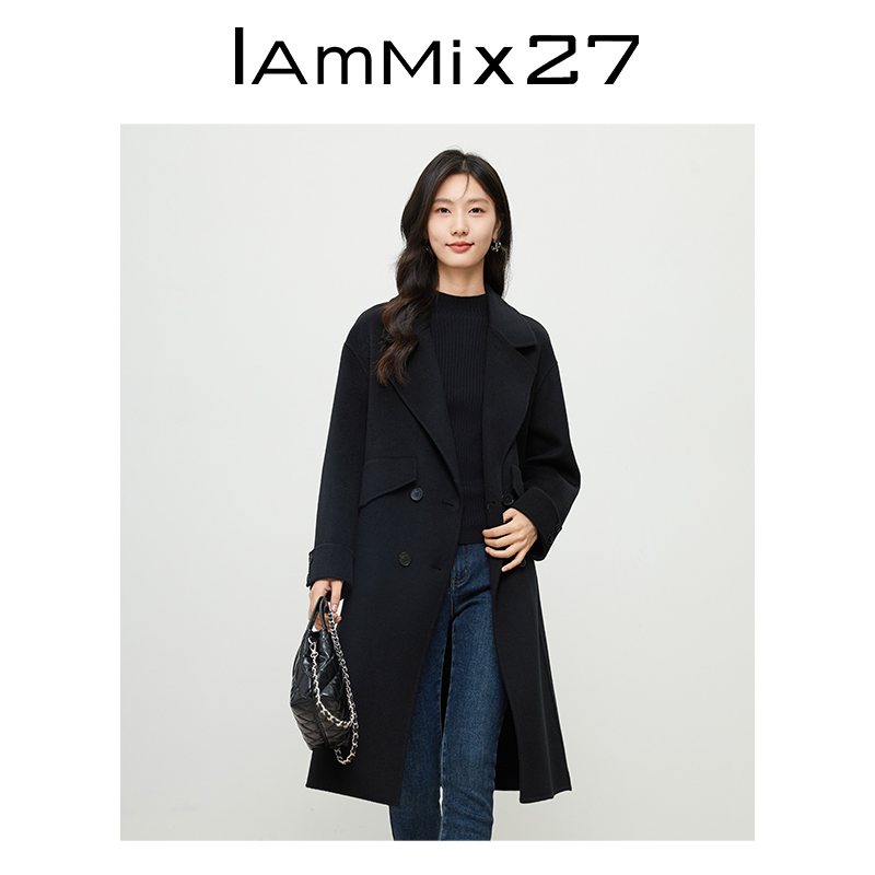 IAmMIX27冬季双面呢大衣女中长款宽松高品质绵羊毛西服领毛呢外套