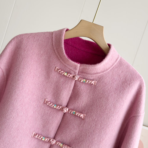 新中式粉色双面羊毛大衣女短款立领盘扣高级感撞色国风羊毛呢外套 - 图2