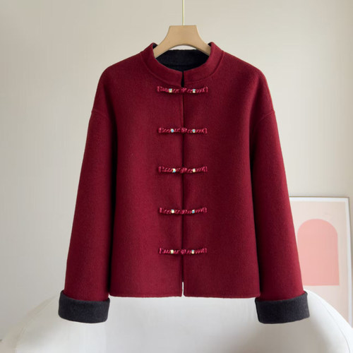 新中式粉色双面羊毛大衣女短款立领盘扣高级感撞色国风羊毛呢外套 - 图0