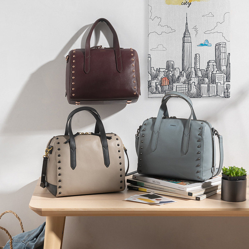 fossil化石复古摩登牛皮波士顿包 fossil箱包女士包袋