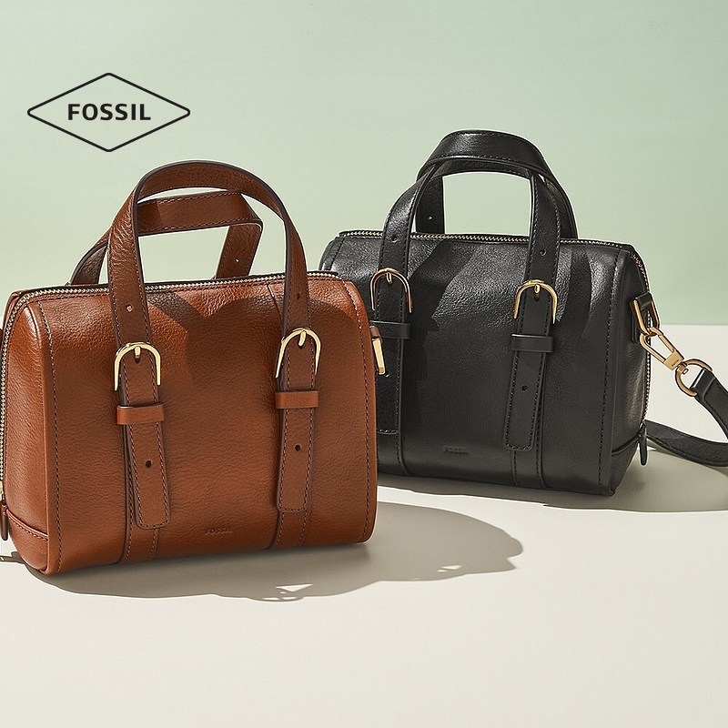 fossil化石棕色真皮春季波士顿包 fossil箱包女士包袋