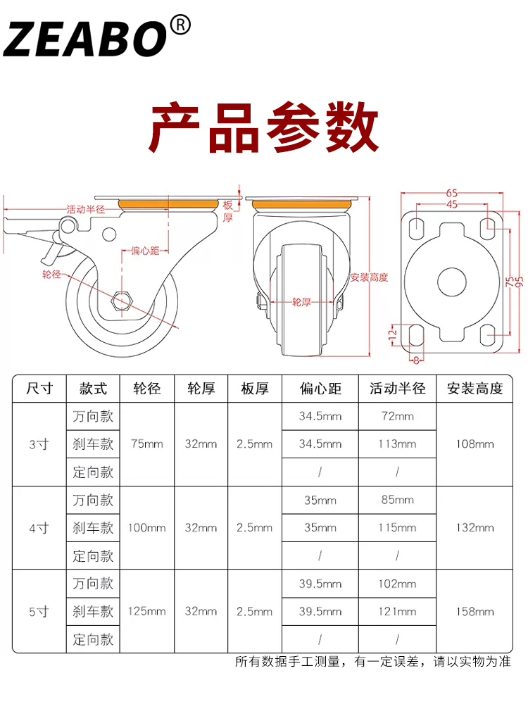 重型脚万轮向轮3寸ZEABO/左4寸5寸平板橡胶定轮推平板车静音轮子-图0