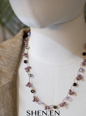 紫色系列萤石头多层新款金丝钩针叠戴款颈链项链毛衣链吊坠款