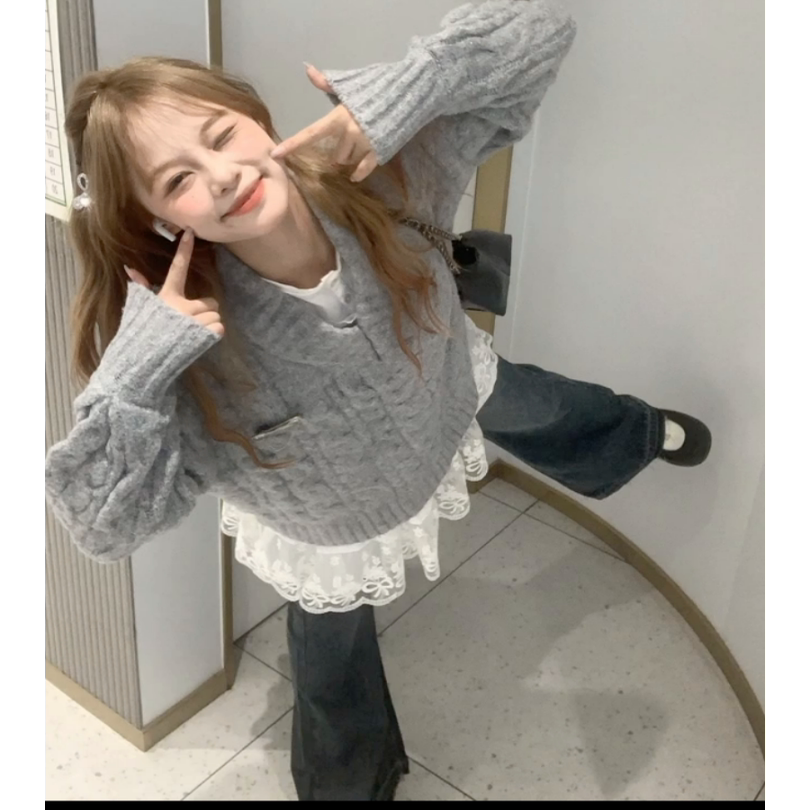 韩系早秋chic套装新款韩系慵懒休闲好看针织毛衣吊带裙小众套装女 - 图1