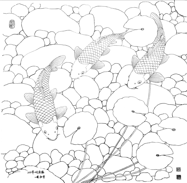 黄河老师工笔画底稿鲤鱼石来运转锦鳞潜底斗方白描3#打印稿宣纸稿 - 图0