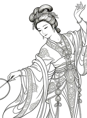 工笔画底稿工笔人物竖幅仕女图白描46#打印稿