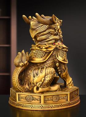 铜麒麟摆件一对家居客厅办公室大号摆件礼品黄铜火麒麟财福禄麒麟