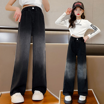 Girl Denim Broadlegged Pants Autumn Winter Style Straight Cylinder Loose 12 Year Old Girl Pants 9 Korean Version New CUHK Child Gradient