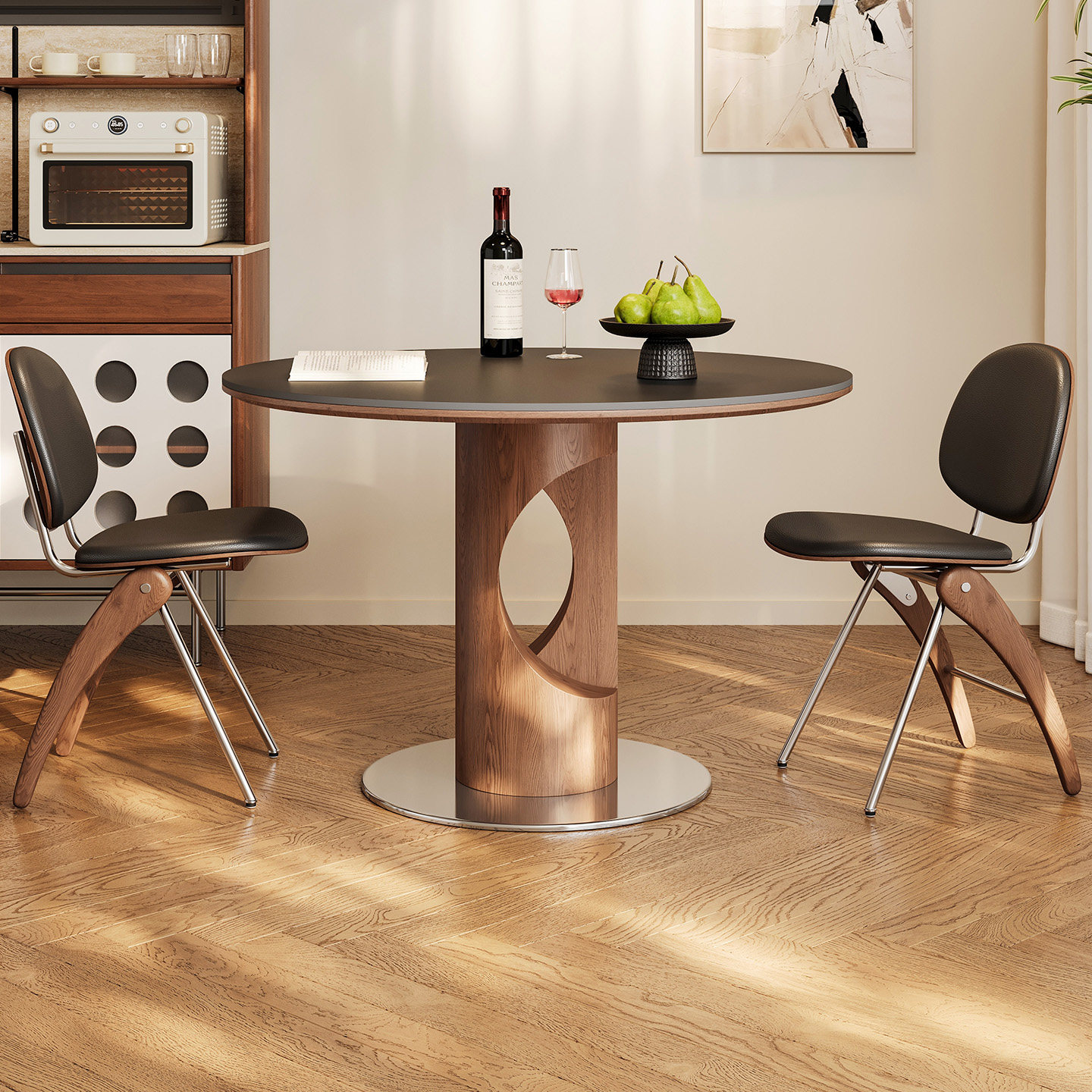 奥古斯特实木餐桌圆桌中古风家用小户型新款1米圆形黑色岩板餐桌,淘宝优惠券,粉丝福利购,淘宝优惠卷