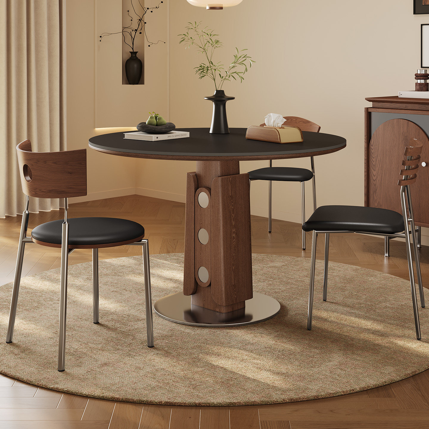 实木餐桌中古风胡桃木色小户型餐厅家用圆桌2026新款哑光岩板餐桌,淘宝优惠券,粉丝福利购,淘宝优惠卷