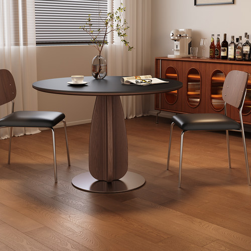 实木餐桌圆形小户型家用现代简约洽谈桌中古风胡桃色黑色岩板餐桌 - 图0