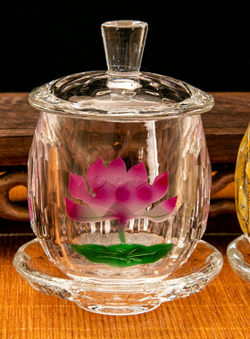 陶瓷供水杯礼盒装室内家用莲花供水杯净水杯大悲水上供水晶杯贡杯