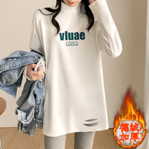 Semi-high collar delsuede medium long white undershirt woman autumn winter plus suede thickened cover with long sleeve loose t-shirt tide