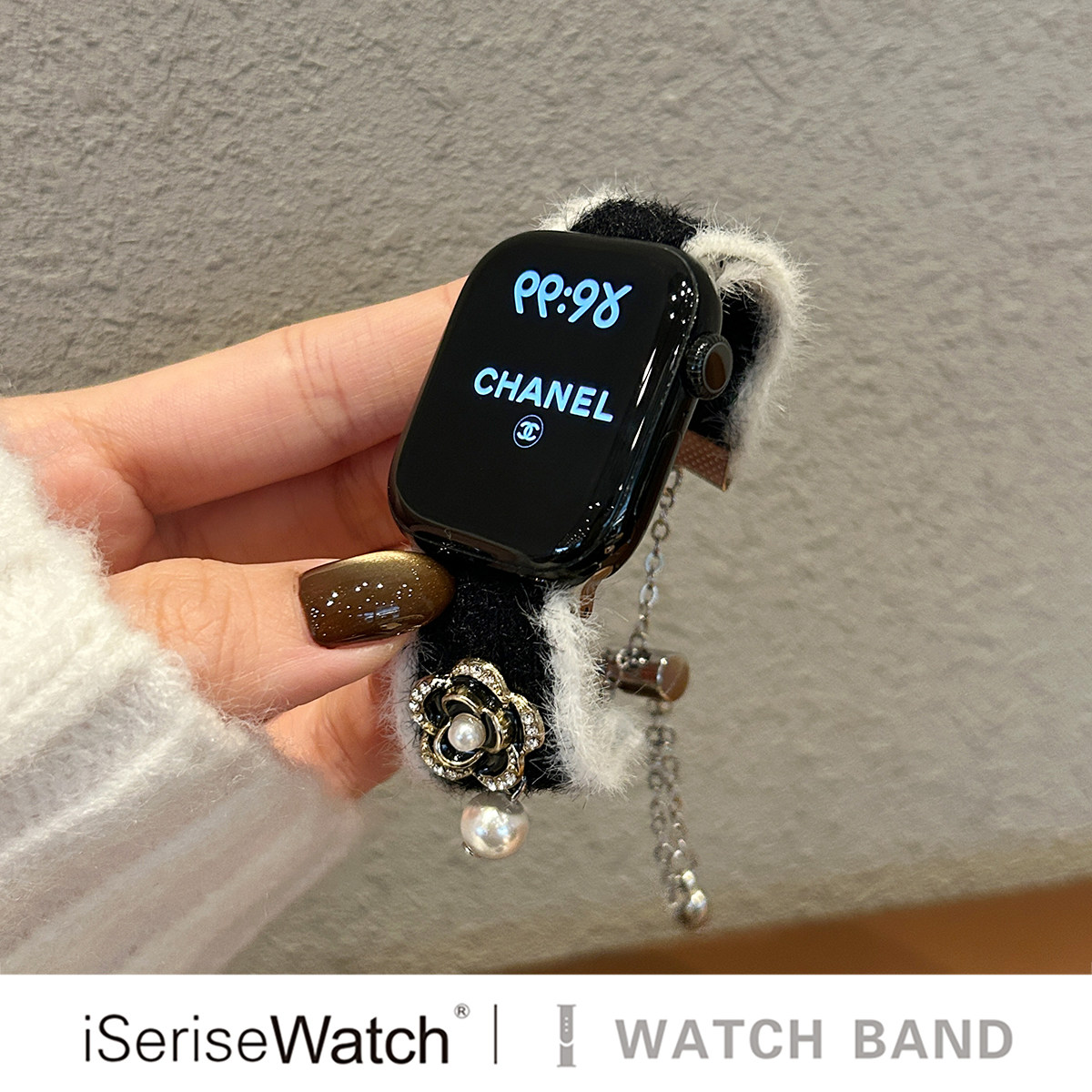 iserisewatch适用applewatchs11表带iwatchs10苹果手表小香风山茶花毛绒表带高级创意ins个性秋冬女新款41mm,淘宝优惠券,粉丝福利购,淘宝优惠卷