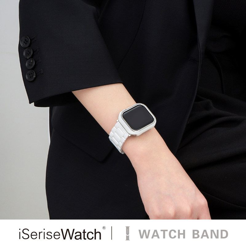 iserisewatch适用applewatchs10小众表带苹果手表11代表带iwatchs9金属41/45mm白色陶瓷链式新款男夏天透气女