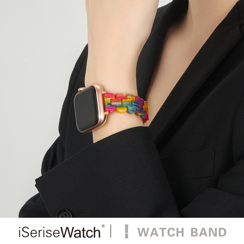 iserisewatch适用iwatchs7表带apple watchs9苹果手表8se树脂表带细夏季创意透气彩虹高级小众45/41mm链式女 - 图2