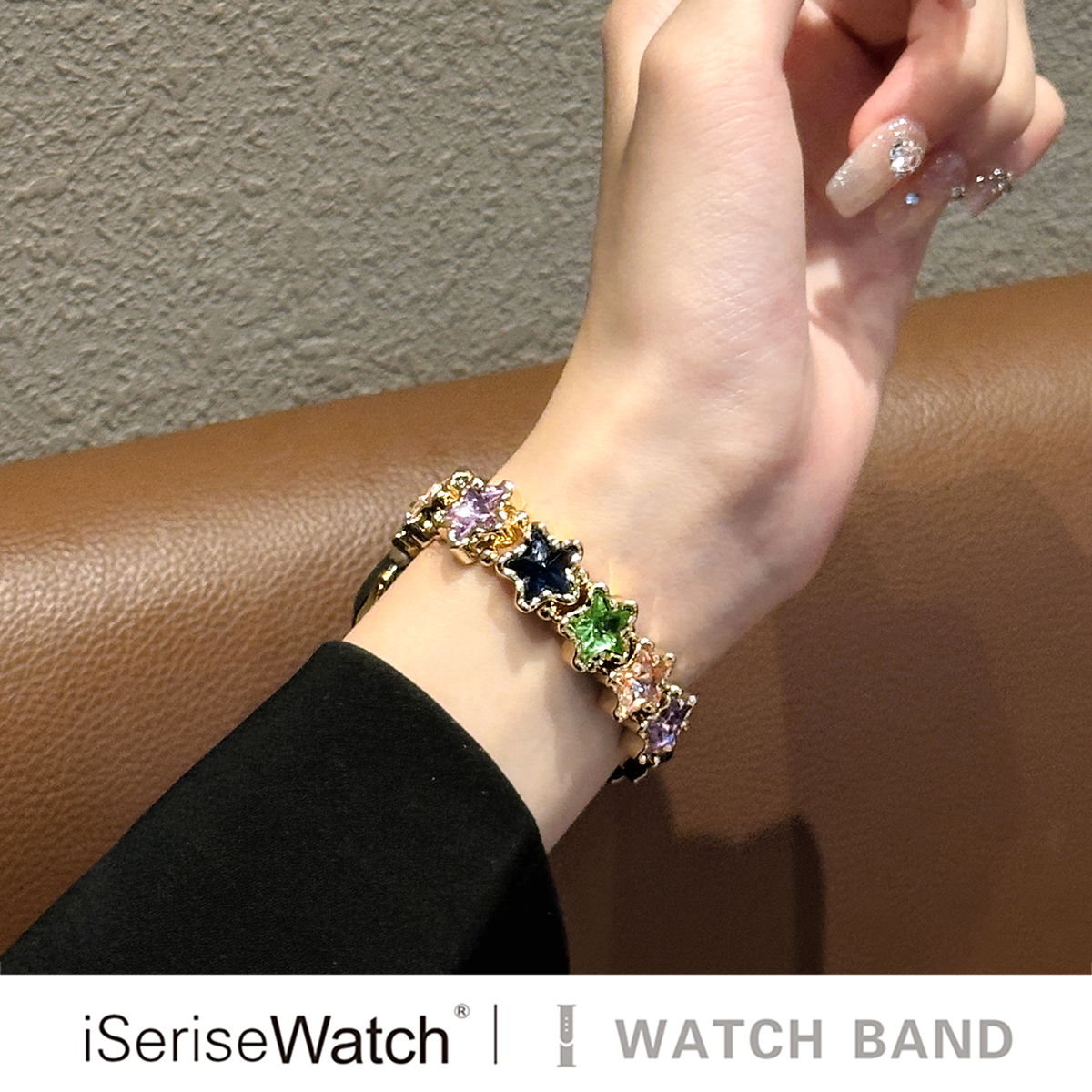 iserisewatch适用iWatchs10表带苹果s11手表applewatchs9女金属SE弹力星星链条镶钻41mm多巴胺创意Ultra个性 - 图0