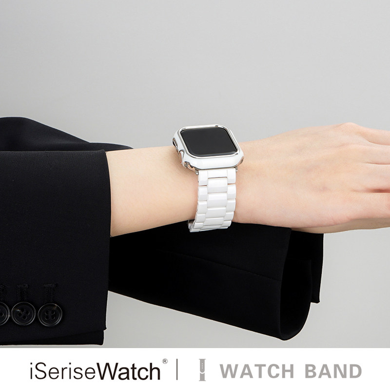 iserisewatch适用applewatchs10小众表带苹果手表11代表带iwatchs9金属41/45mm白色陶瓷链式新款男夏天透气女