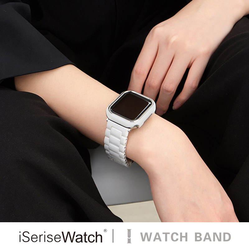 iserisewatch适用applewatchs10小众表带苹果手表11代表带iwatchs9金属41/45mm白色陶瓷链式新款男夏天透气女