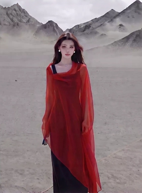 新款酒红轻纱薄款旅游出片披肩女
