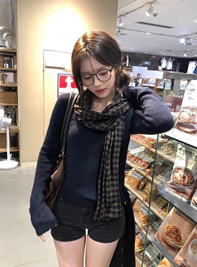 韩系复古格子棉麻围巾通勤百搭女