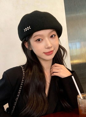 日系复古黑色贝雷帽秋冬显脸小女