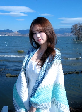森系民族风针织流苏披肩旅游穿搭