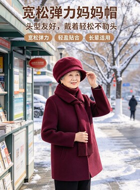 中老年妈妈秋冬针织护耳贝雷帽