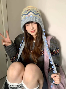 费尔岛复古针织护耳帽秋冬显脸小
