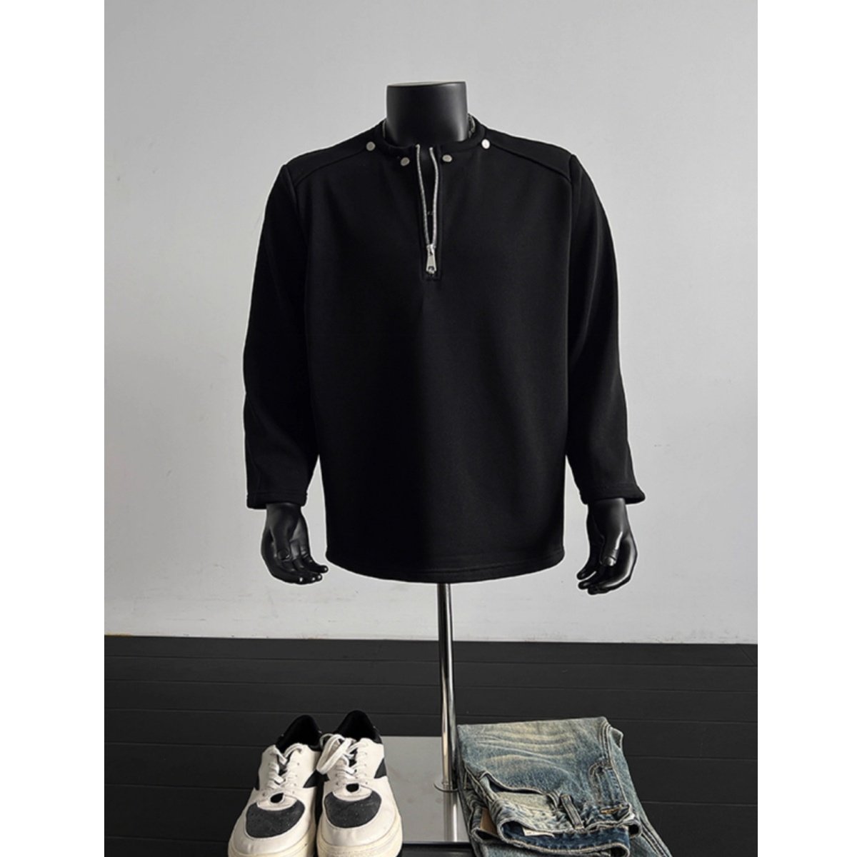 美式高街半拉链卫衣男秋冬加绒加厚小众设计金属铆钉百搭长袖t恤,淘宝优惠券,粉丝福利购,淘宝优惠卷