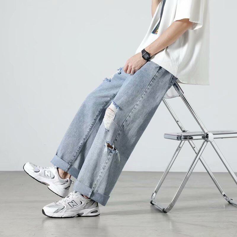 浅蓝色高腰破洞牛仔裤Ripped Straight Cut Jean
