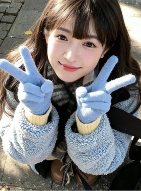 韩版蓝色毛绒可爱针织手套女学生秋冬户外骑行保暖防寒分指可触屏