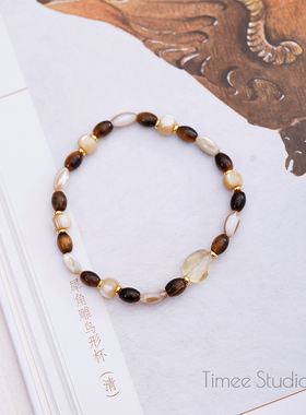 Timee恬觅 枫露 天然虎眼贝壳珠黄水晶弹力绳手链手串