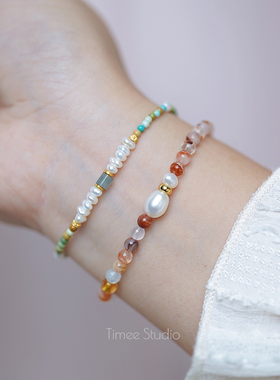 Timee恬觅 人间酒 天然红胶花珍珠黄水晶白水晶海蓝宝弹力绳手串