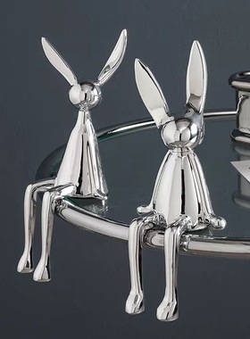 简约轻奢创意电镀银金蓝色坐姿动物兔子摆件树脂家居软装饰工艺品