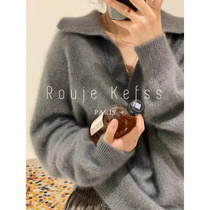 Rouje kefsss French style v collar soft glutinous grey water mink fluff clothes lady autumn winter new loose needle weaves outings