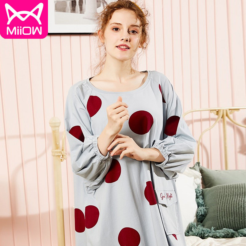 猫人睡裙纯棉长袖宽松甜美连体裙 猫人淘宇睡裙