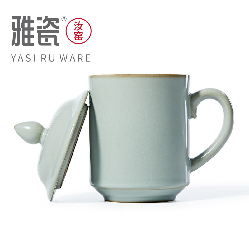 雅瓷汝窑将军杯茶杯男士陶瓷带盖办公室大容量汝瓷家用杯子陶瓷杯_虎窝淘