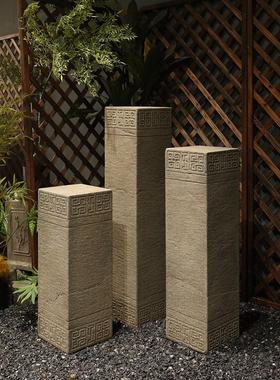 新中式玄关装饰摆件仿石柱底座客厅办公室复古展示台花园盆景花架