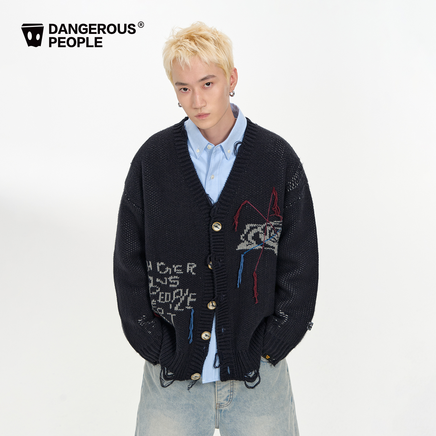 Dangerouspeople薛之谦dsp破洞提花针织开衫潮牌设计感慵懒风毛衣 - 图0