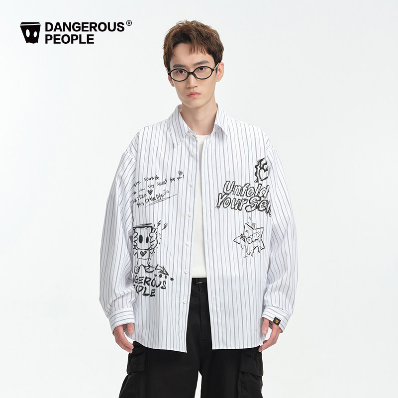 Dangerouspeople薛之谦dsp美式街头风条纹涂鸦印花宽松百搭潮衬衫,淘宝优惠券,粉丝福利购,淘宝优惠卷