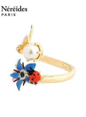 Les Nereides菜圃系列 蓝色花朵与蝴蝶 可调节戒指 珐琅釉彩