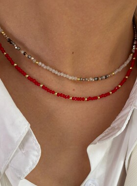 英国topwhit钛钢项链女高级感波西米亚风米珠串珠短款撞色米珠