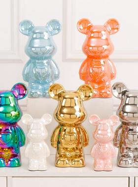 28cm网红卡通熊桃心熊熊陶瓷电镀熊摆件电视柜酒柜轻奢批可爱