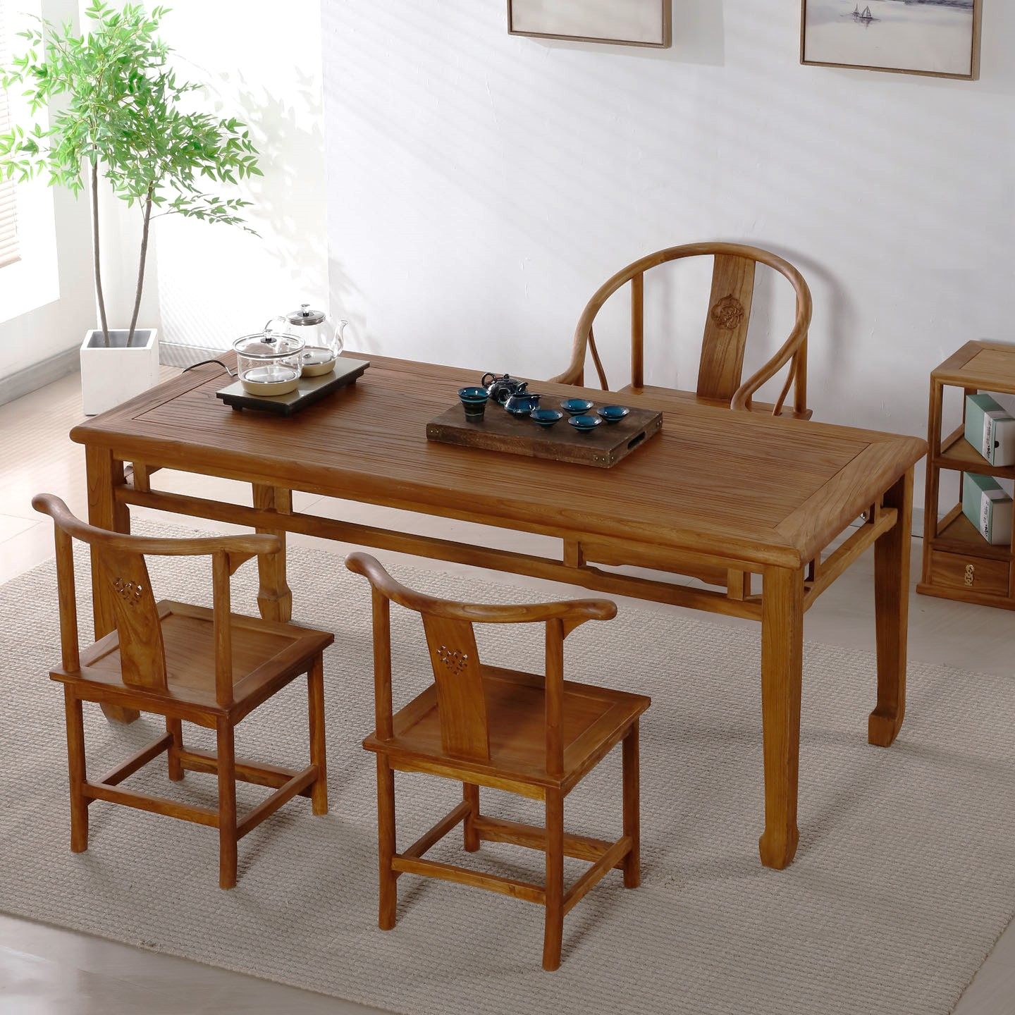 老榆木马蹄茶桌全实木新中式复古禅意家用泡茶台书桌餐桌椅长条凳,淘宝优惠券,粉丝福利购,淘宝优惠卷