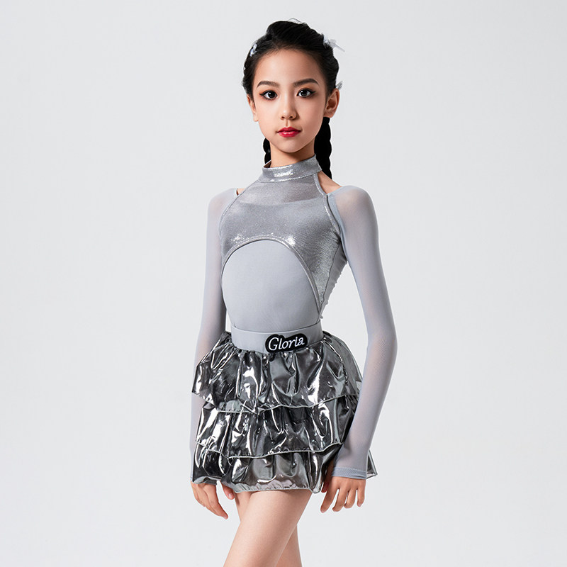 歌瑞亚拉丁舞服女少儿童新款长袖烫金雪纺半裙套装表演出练习功服,淘宝优惠券,粉丝福利购,淘宝优惠卷