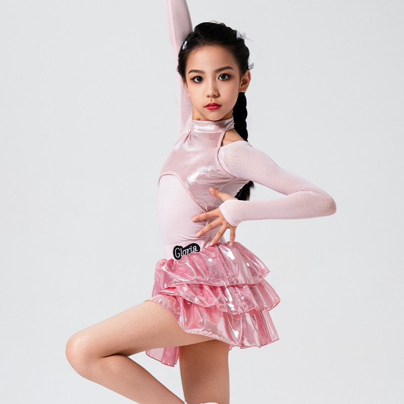 歌瑞亚拉丁舞服女少儿童新款长袖烫金雪纺半裙套装表演出练习功服,淘宝优惠券,粉丝福利购,淘宝优惠卷